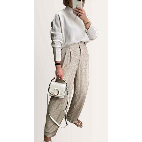 H&M Matte Sequin Beige Champaign Paper Bag Pants Sz. 6. - Picture 1 of 10